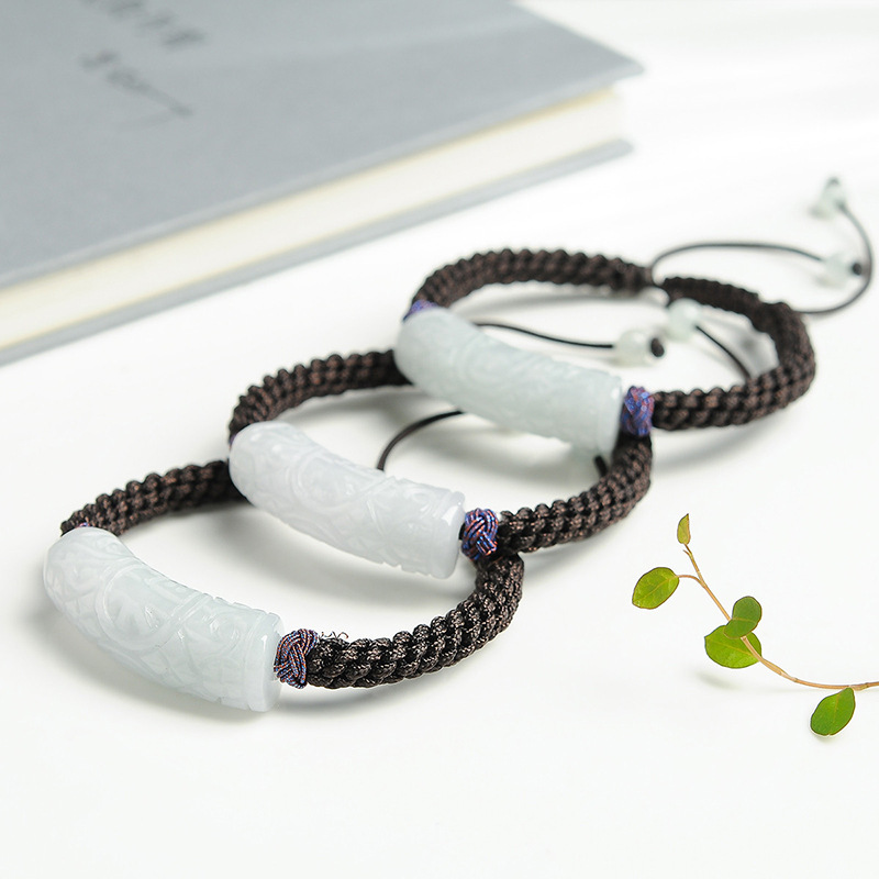 翠莹福天然A货翡翠雕花弯条手链编织绳时尚男女款情侣手绳SL30 - 图1