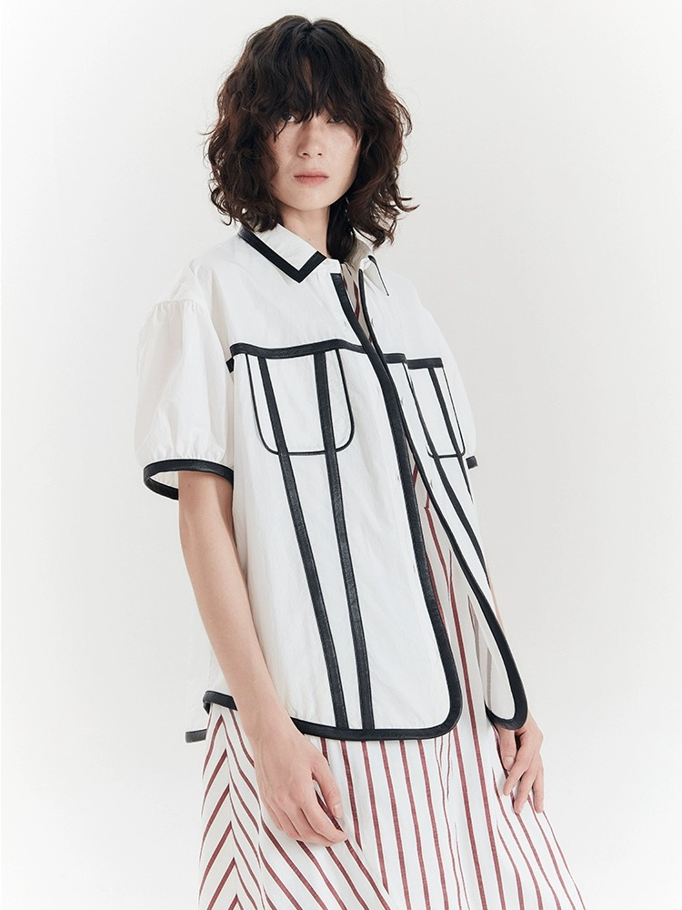 柚子茶家 夹生 HALF MADE黑白分割装饰短袖衬衫 原创设计