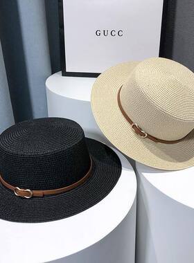 法式平顶草帽女遮阳夏季pi发平沿礼帽出游度假海边沙滩太阳帽
