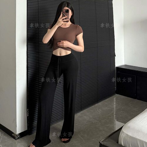 拿铁女孩春夏款健身裤休闲裤高腰阔腿裤显瘦女百搭运动莫代尔面料 - 图1