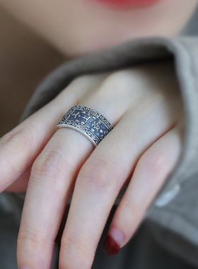 日本coss koko银国风复古做旧花纹上上签意顺百顺开口戒指女新