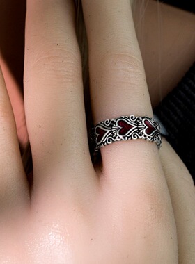 日本coss koko原创设计哥特花纹爱心誓言戒指银女士复古个性潮流