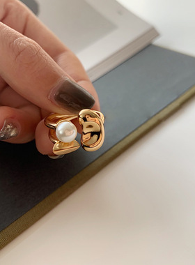 日本coss koko花瓣珍珠戒指时尚个性金属食指环欧美ins