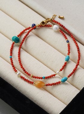 日本coss koko珍珠串珠项链女时尚红色石珊瑚夺宝个性多巴胺百搭