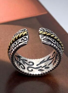 日本coss koko新款唐草纹开口戒指潮男复古朋克百搭银霸气个性