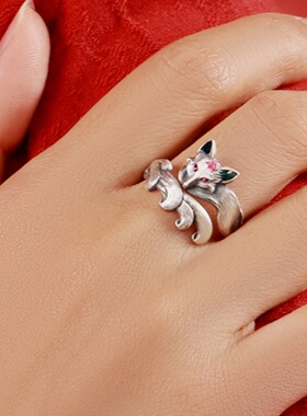 日本coss koko狐狸银戒指女潮酷复古指环新款复古轻奢小众食指