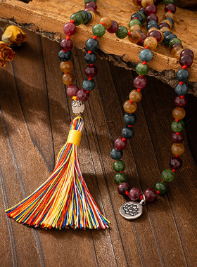 日本coss koko碧玺珠子编织串珠长款流苏莲花项链女复古新中式