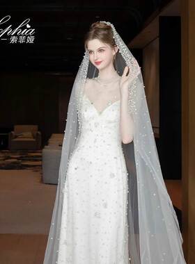 新娘珍珠头纱头饰长款拖尾主婚纱礼服配饰复古宫廷风结婚拍照道具