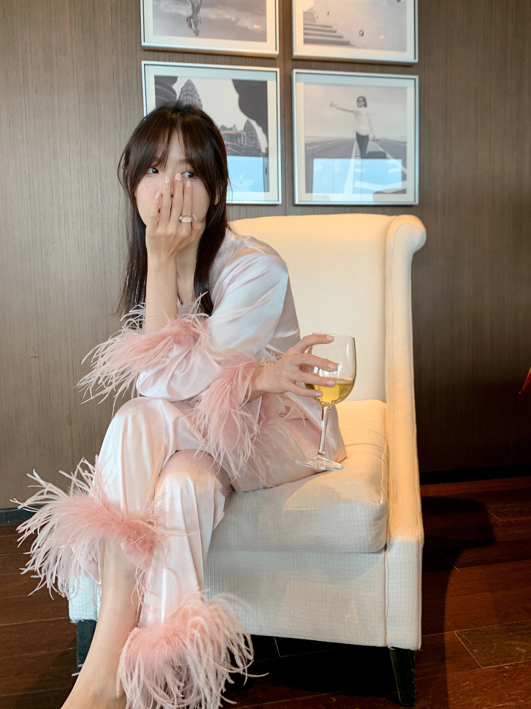 春夏款送闺蜜高级感冰丝睡衣女羽毛袖气质鸵鸟毛长袖家居服礼盒装 - 图0