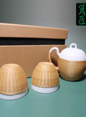 瓷胎竹编功夫茶具套壶二杯白一瓷快客杯匠装人EW8V8I3c竹礼丝扣瓷