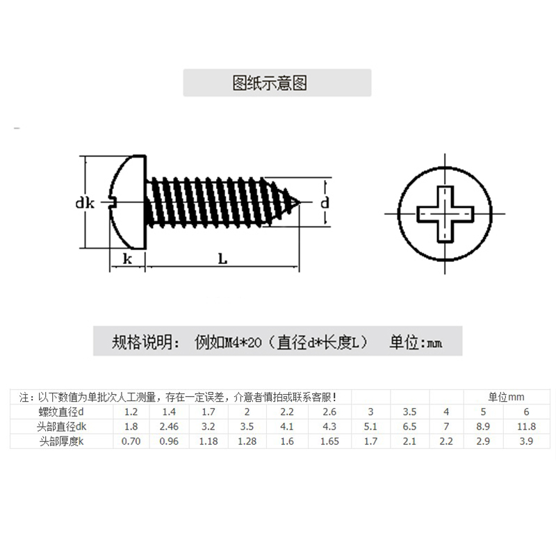 304不锈钢自攻螺丝 圆头十字自攻丝螺钉配件木螺丝钉M1M3M4M5M6M8 - 图2