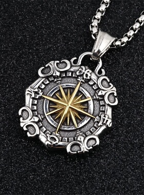 男士钛钢项链复古星海罗盘吊坠海盗潮牌百搭毛衣链欧美跨境