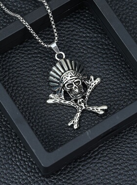 跨境欧美个性潮人钛钢嘻哈项链复古印第安骷髅头男士万圣节首饰批