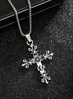 亚马逊新款复古个性十字架吊坠项链男钛钢潮人配饰朋克嘻哈饰品女