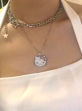 Hellokitty满钻凯蒂猫吊坠项链千禧风甜酷辣妹y2k锁骨链闺蜜礼物