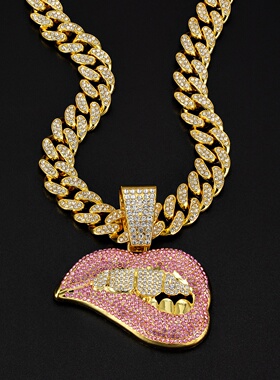 欧美嘻哈潮男项链古巴链配嘴唇吊坠锌合金满钻跨境饰品工厂