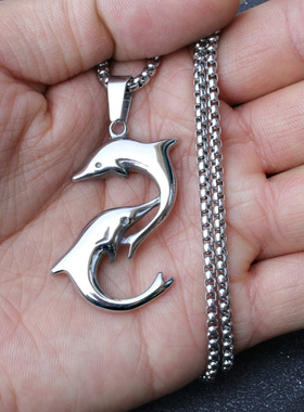 跨境电商海豚钛钢项链男个性挂件不锈钢光面吊坠铸造饰品一件代发