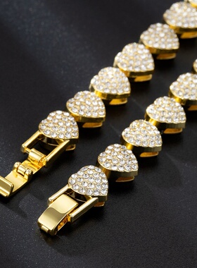 定制手链欧美跨境新品心形满钻10mm古巴手链嘻哈风合金男女款工厂