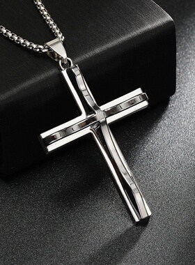 欧美双色十字架合金吊坠ins冷淡风潮流百搭嘻哈配饰不锈钢项链男