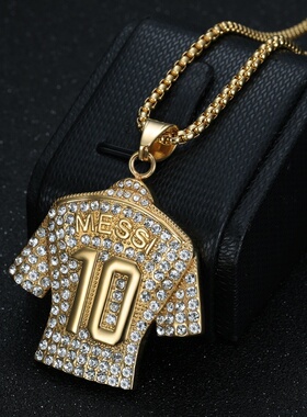 新款嘻哈HIPHOP饰品 钛钢镀金镶钻足球MESSI梅西10号球衣吊坠项链