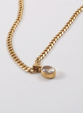 日系TopWhit椭圆锆石项链 粗链条 钛钢电镀18k金