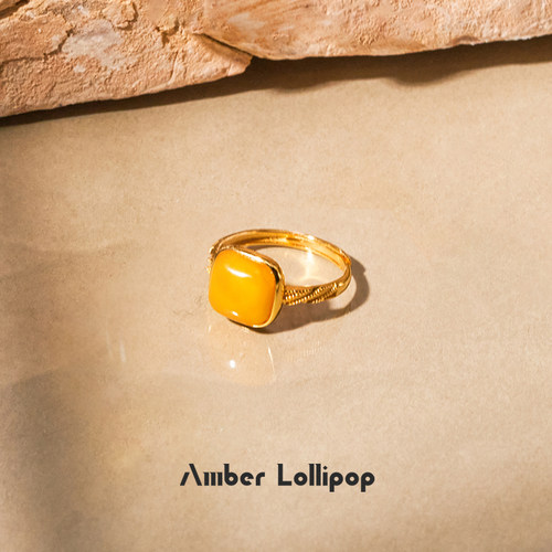 AmberLollipop天然蜜蜡戒指女黄琥珀开口食指戒小众设计镀k金戒指 - 图3