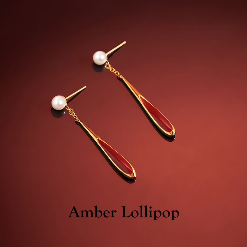 Amber Lollipop珍珠耳环女春夏高级感红色耳坠耳饰龙年本命年礼物 - 图2