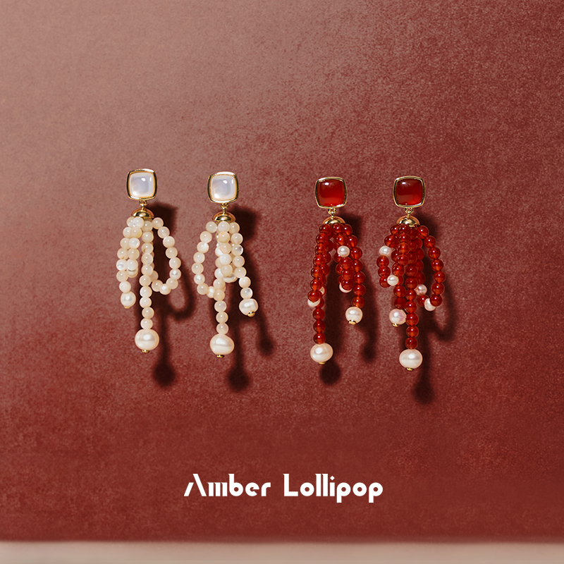 【新年礼物】Amber Lollipop红玛瑙耳环女珍珠流苏耳坠本命年耳饰