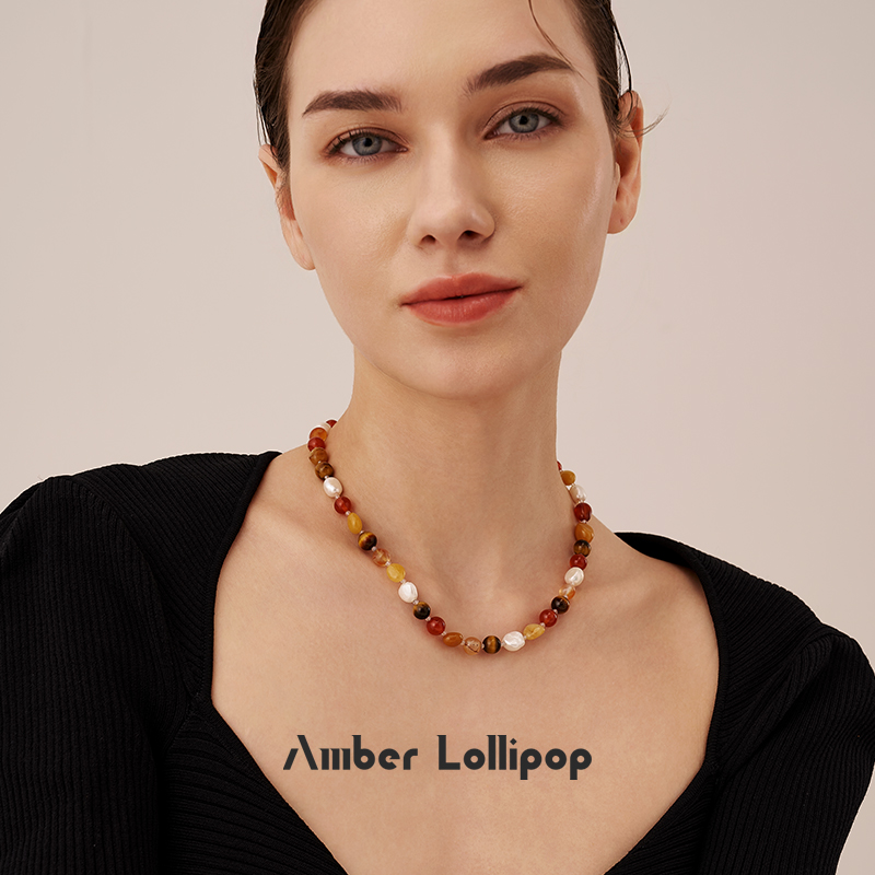 Amber Lollipop红玛瑙项链女款天然巴洛克珍珠颈链宝石串珠锁骨链