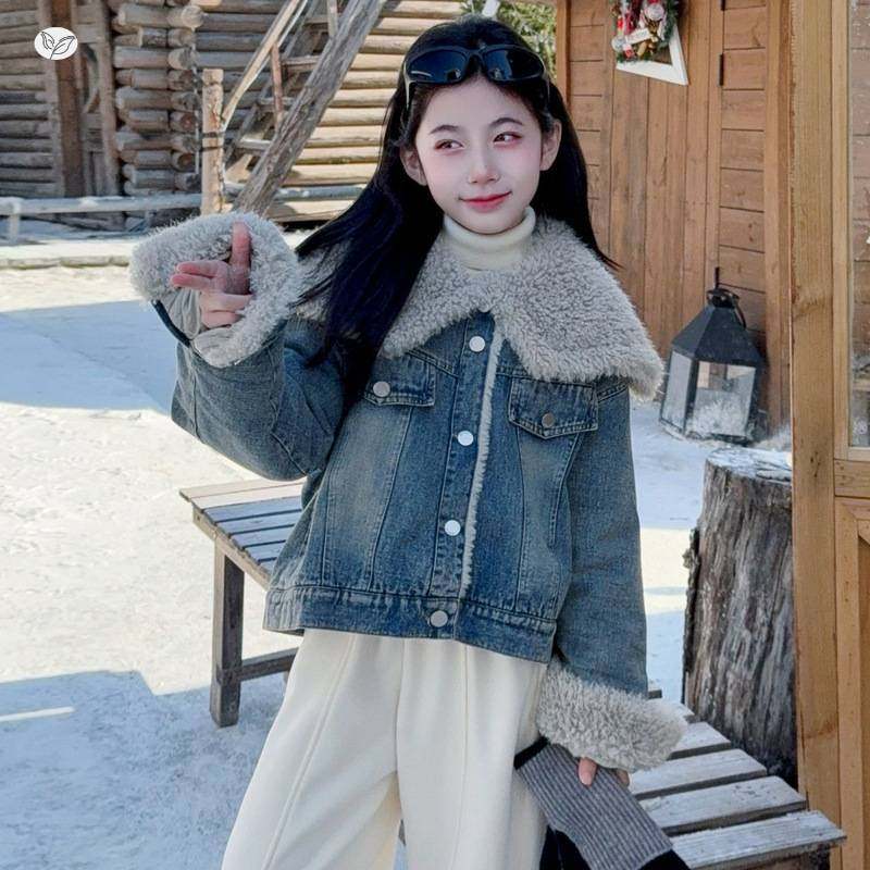 官网正品女童2025冬新款韩版宽松加绒加厚娃娃领短款夹克上衣复古,淘宝优惠券,粉丝福利购,淘宝优惠卷