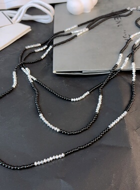 时尚黑白串珠项链女多层超长款百搭气质珠饰配饰