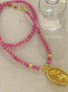 新款粉色石串珠项链锁骨链