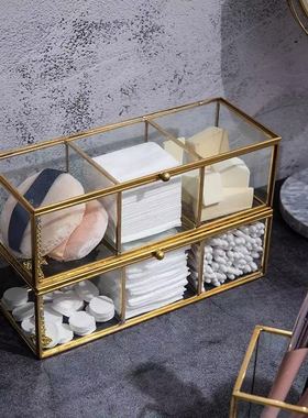 复古铜边玻璃化妆棉盒 棉签盒葫芦粉扑收纳盒 透明金古铜化妆盒