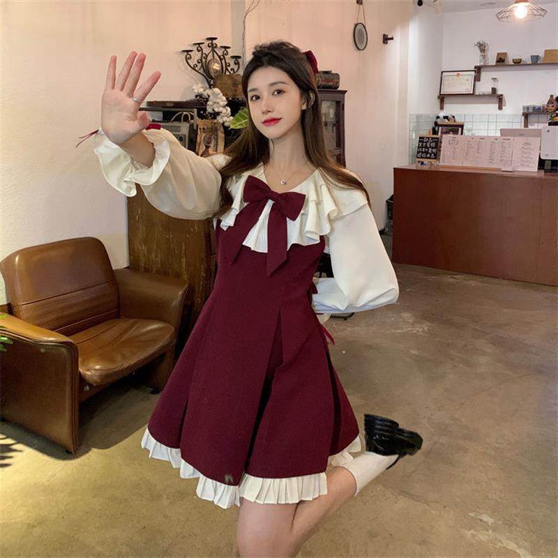 圣诞红色吊带连衣裙两件套春秋新款设计感小众蝴蝶结衬衫套装女,淘宝优惠券,粉丝福利购,淘宝优惠卷