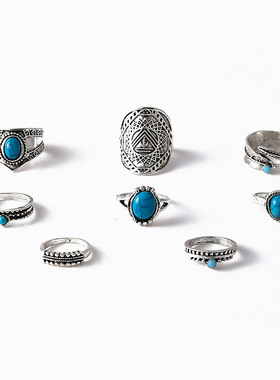 时尚波西米亚风松石树叶8件套戒指女Turquoise joint ring women