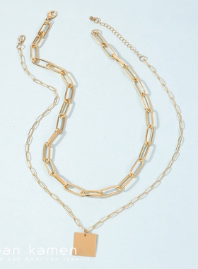 欧美夸张毛衣链复古方牌金属叠戴颈链高级感精致项链女necklaces