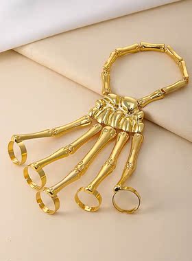 adjustable punk skull hand bone five-finger ring bracelet 戒