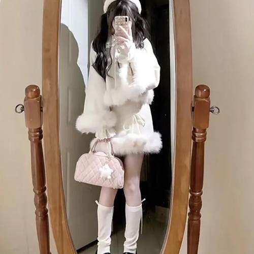 富家千金感小香风套装女冬季新款毛毛拼接短款外套+半身裙两件套 - 图0