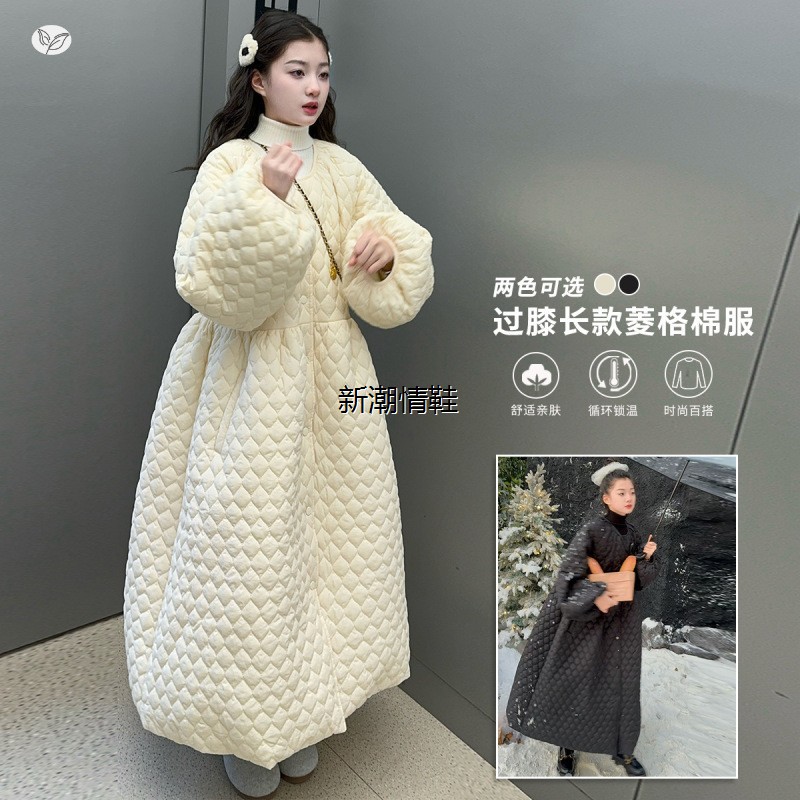 女童夹棉过膝长款棉服2025年冬季新款中大童菱形格棉大衣保暖外套 - 图0