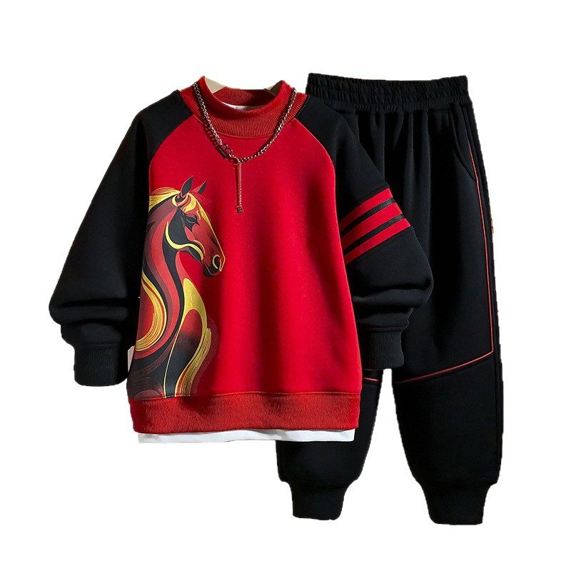 2026情荐潮流男童红色加绒套装拜年服加厚秋冬款卫衣中大儿童本命,淘宝优惠券,粉丝福利购,淘宝优惠卷