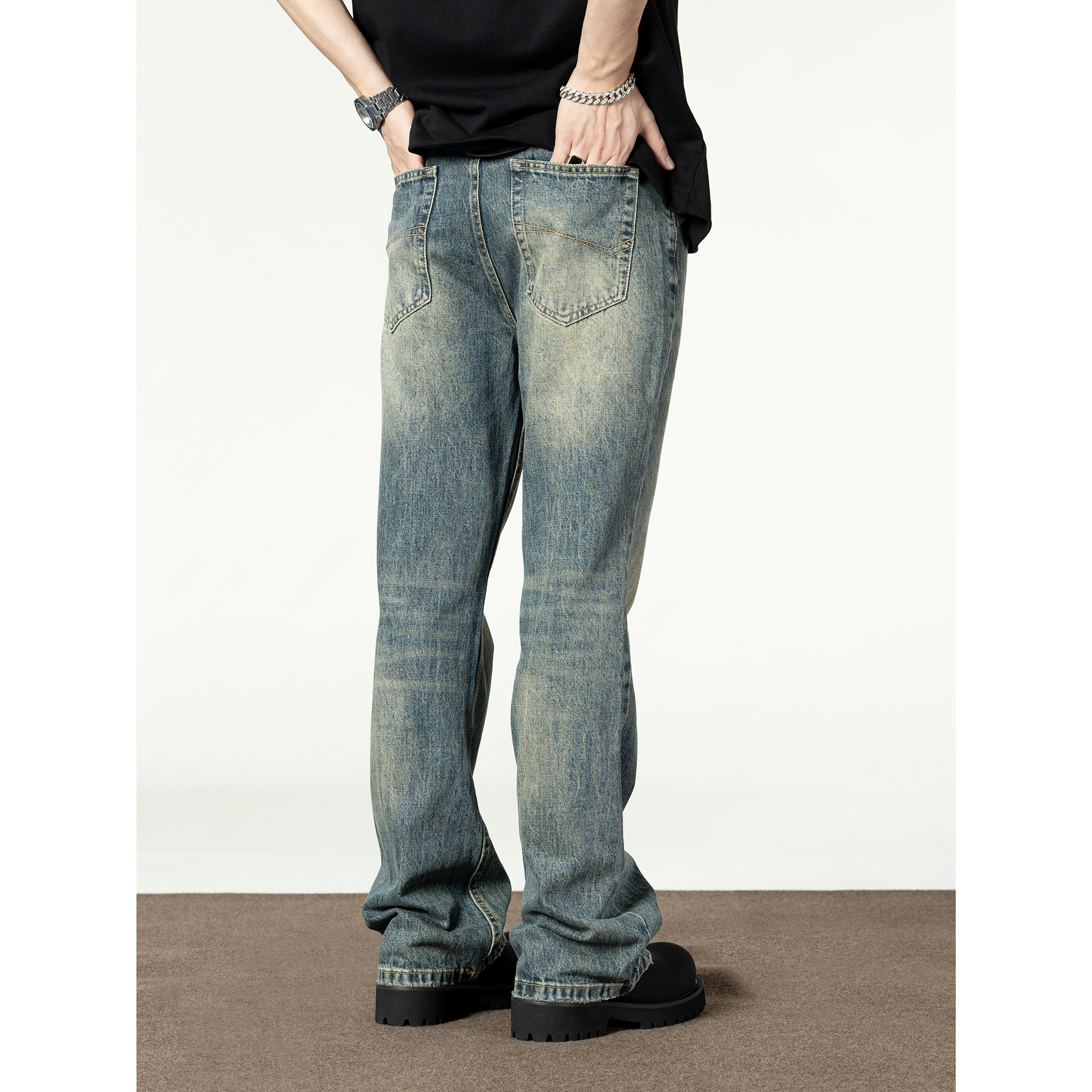 EXTM美式高街vibe复古水洗做旧牛仔裤男直筒微喇显瘦cleanfit长裤-图2