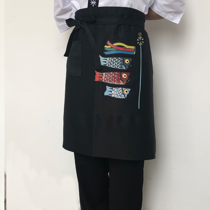 日式料理厨师印花围裙男女中长款围腰半身裙餐厅厨房咖啡服务员工-图1