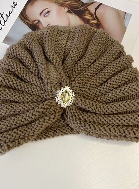 秋冬复古简约水钻额头针织保暖包头帽 Knitted Baotou Hat Winter