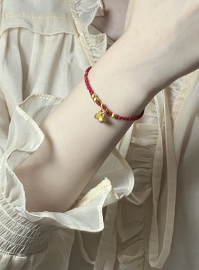 铃铛小金珠足金999黄金福牌福字手链女送女友老婆七夕情人节礼物