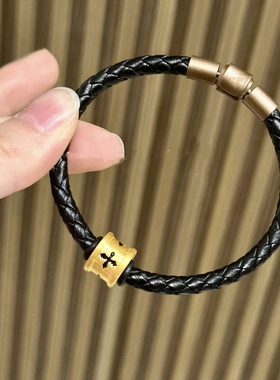 黄金足金999刺青信念转运珠手链女男士皮绳新年情人节礼物送男友