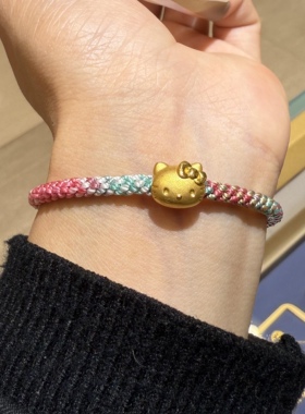 黄金足金999金KT猫手链猫头蝴蝶结转运珠手串礼物情人节礼物女孩