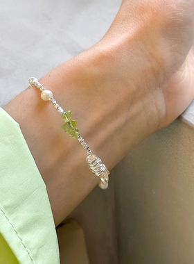 s925纯银碎银子珍珠绿水晶手链女简约创意小众轻奢冷淡风玉石手环