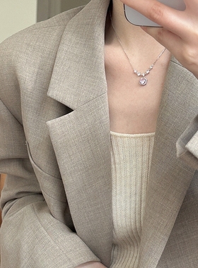925纯银小方糖粉钻项链轻奢小众设计粉色锆石锁骨链百搭精致礼物