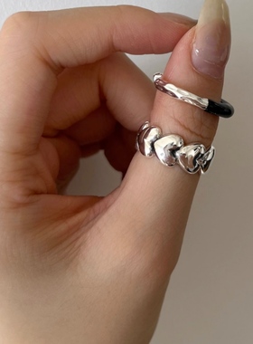 s925纯银爱心戒指女复古做旧工艺黑白拼接色开口食指指环秋冬新品