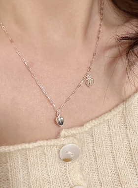 双桃立体爱心吊坠项链s925通体纯银气质轻奢甜美小众设计感锁骨链